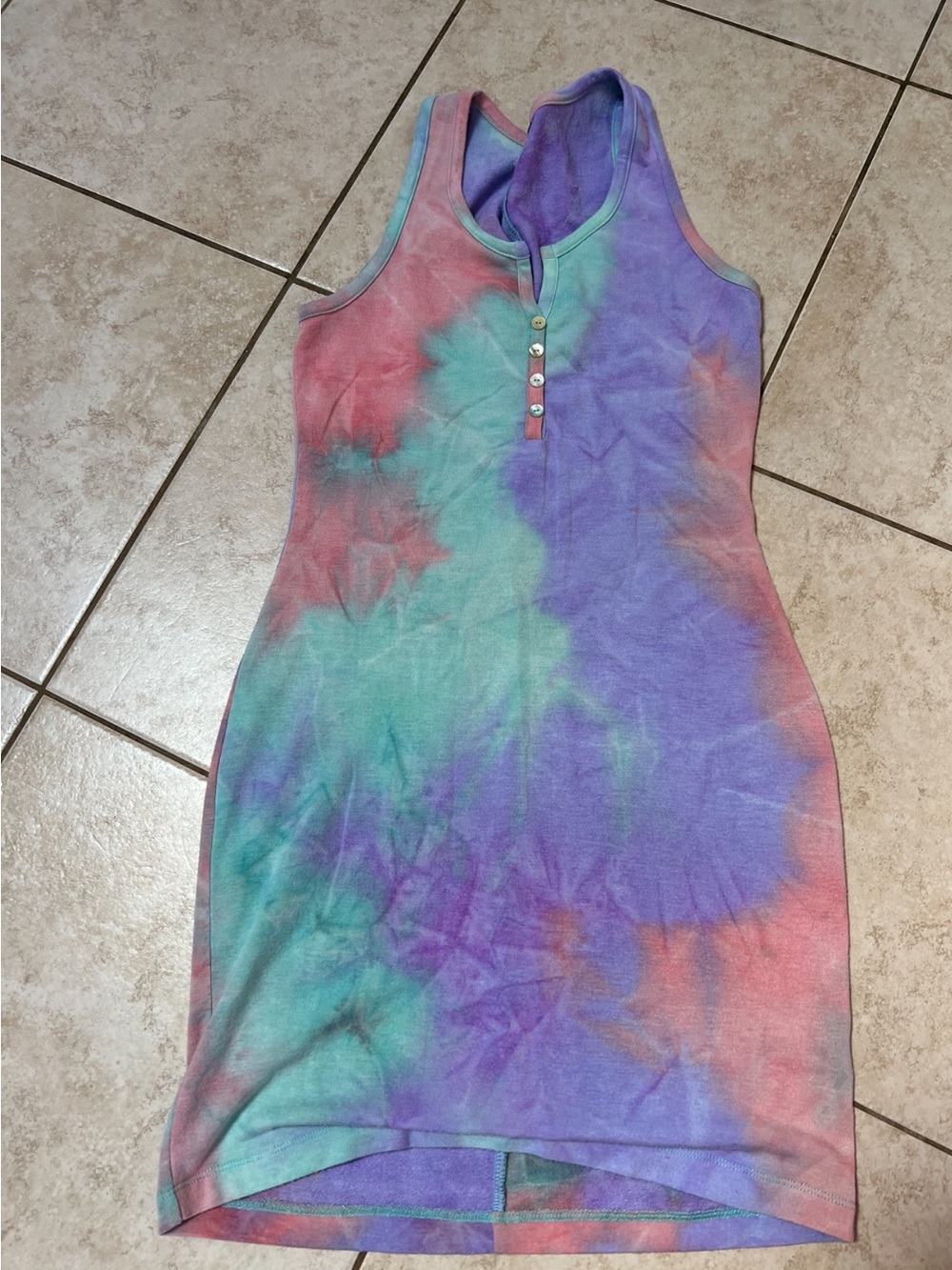 Tie-Dye Sleeveless Henley Tank Dress - Purple Multi